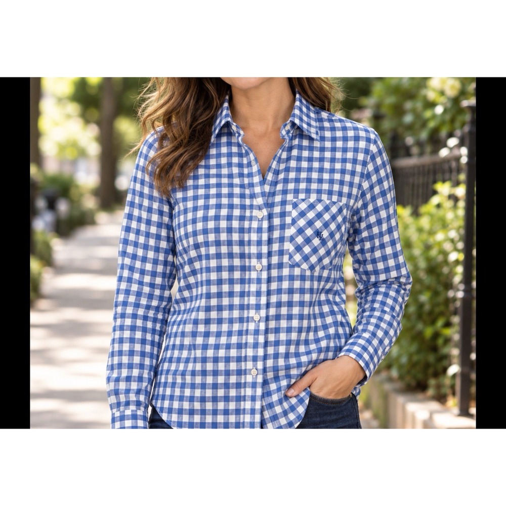 Lauren Ralph Lauren Womens Shirt Medium Petite Plaid Button Up Long Sleeve Logo